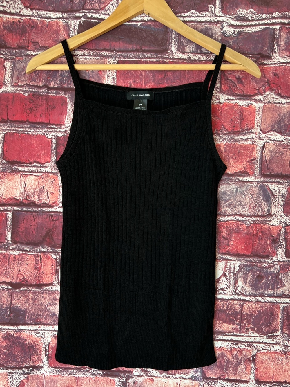 Club Monaco Black Ribbed Knit Cami Tank Top Straight Neck